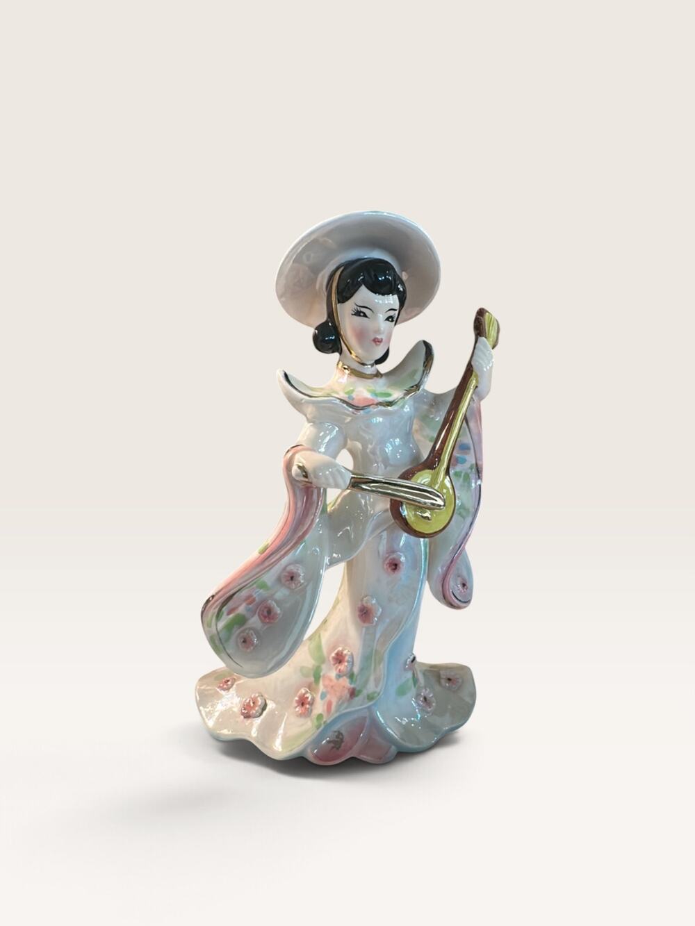 Vintage Norcrest Japan Geisha Figurine Playing Lute Biwa MCM Porcelain 8"